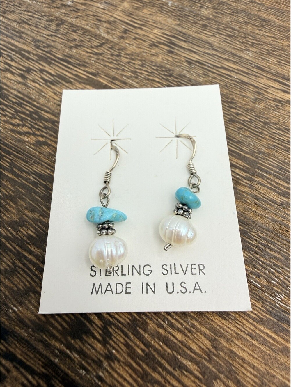 925 Sterling Silver Turquoise Nugget and White Freshwater Pearl Dangle Earrings